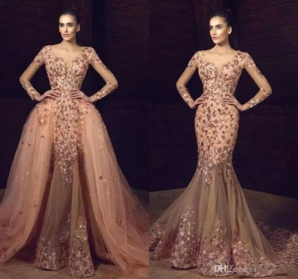 tony chaaya 2019 mermaid overskirts prom dresses long sleeves flower embroidery beaded evening gowns plus size formal dress7289817, Black